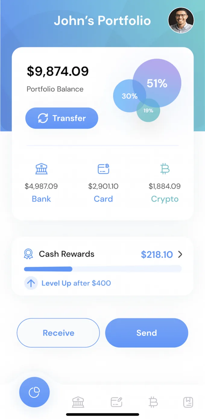 Rydeum-built fintech portfolio and payments app showing balance and allocation