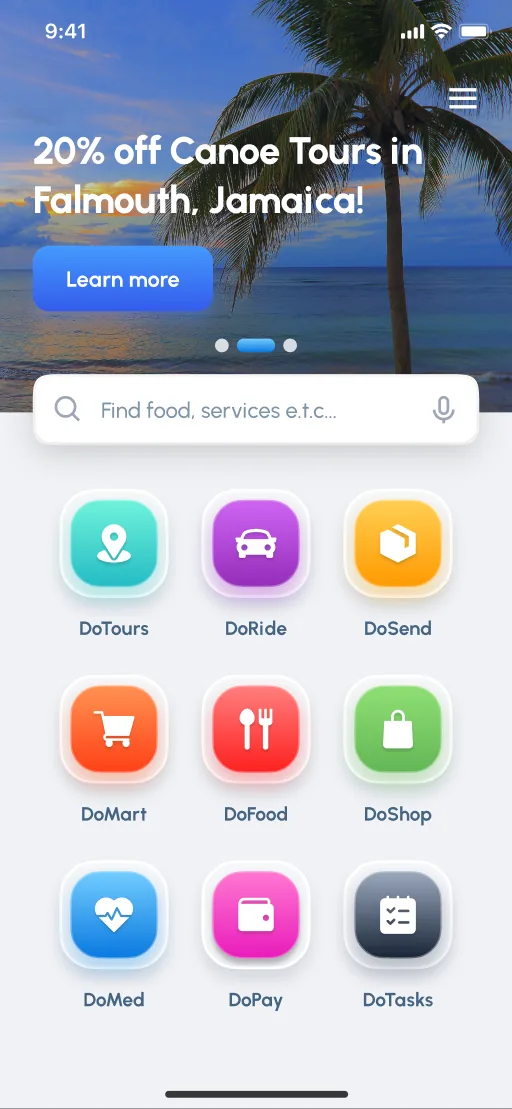 Rydeum-built consumer super-app home screen: rides, payments, food, and shopping